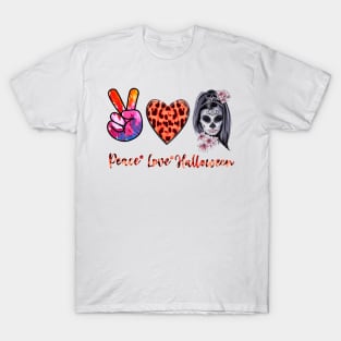 Peace Love Halloween Flower Skull Women Funny Horror T-Shirt